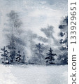 Minimalist watercolor landscape painting of a winter forest. Snowy scene hand drawn with trees and fog. Hand drawn art for winter holiday card. Twilight snowy spruce forest. Woodland night backdrop. 133929651
