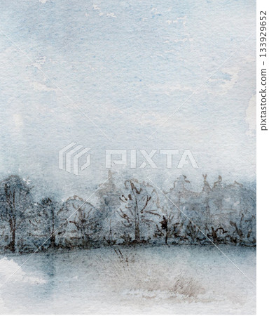 Winter watercolor landscape painting of a frozen forest with trees and a reflective lake isolated on white. Minimalist nature art hand drawn. Winter woodland for greeting card backdrop. Winter watercolor landscape painting of a frozen forest with trees and a reflective lake isolated on white. Minimalist nature art hand drawn. Winter woodland for greeting card backdrop. 133929652