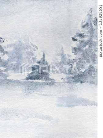 Watercolor winter forest with pine tree in soft colors illustration. Minimalist nature landscape hand painted muted. Artistic hand drawn chilly season scene for Christmas and New Year. 133929653