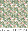 Tropical Paradise Repeat Pattern isolated white. Palm leaves, pink blossoms, and delicate foliage in watercolor hand painted. Seamless background for swimwear, and coastal home textiles. 133929654