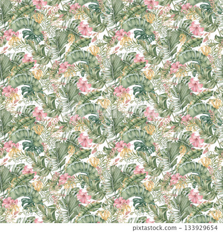 Tropical Paradise Repeat Pattern isolated white. Palm leaves, pink blossoms, and delicate foliage in watercolor hand painted. Seamless background for swimwear, and coastal home textiles. 133929654