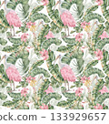 Tropical bird in foliage watercolor seamless background. Spoonbill and banana leaves, flowers neutral colors hand drawn. Repeated design for wall art. Hawaii style wrapping paper. Design textile. 133929657
