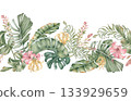 Tropical Floral watercolor seamless border isolated white. Palm fronds with pink and yellow blossoms in delicate repeating horizontal pattern. Exotic flowers for spa menu, beach wedding, textile. 133929659
