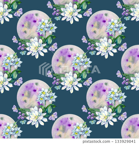 Vibrant seamless pattern with rich purple moons, white blossoms, daffodils, butterflies and botanical elements. Ideal for wrapping paper, textile prints, wallpapers, branding and decorative projects. Vibrant seamless pattern with rich purple moons, white blossoms, daffodils, butterflies and botanical elements. Ideal for wrapping paper, textile prints, wallpapers, branding and decorative projects. 133929841