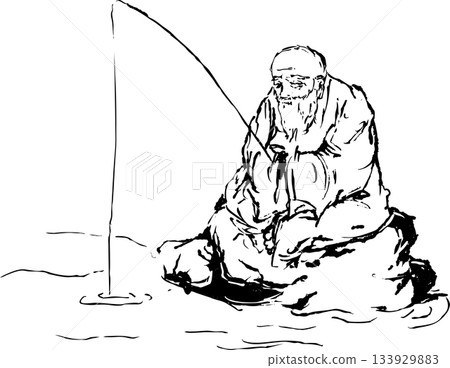 水墨畫插圖,描繪老人在釣魚。 水墨畫插圖,描繪老人在釣魚。 133929883