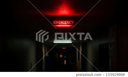 黑暗走廊裡的一盞紅色緊急燈 133929906