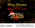 Merry Christmas and Happy new Year 2026 card with red ribbon bow and Santa Hat on dark background. 133929922