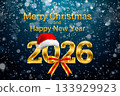 The card with golden text Merry Christmas and Happy New Year 2026, Santa hat and ribbon bow on snow falls in the sky background. 133929923