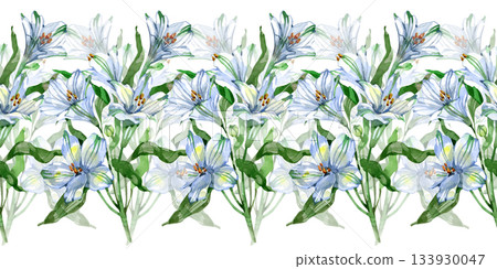 Elegant watercolor alstroemeria seamless border with soft blue petals and lush green leaves. A delicate floral design perfect for invitations, packaging, stationery, textiles and branding projects. Elegant watercolor alstroemeria seamless border with soft blue petals and lush green leaves. A delicate floral design perfect for invitations, packaging, stationery, textiles and branding projects. 133930047