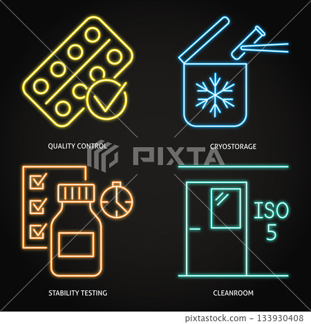 Quality control and standards neon icon set Quality control and standards neon icon set 133930408