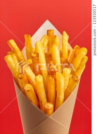 紅色背景上的紙杯裝薯條 133930517