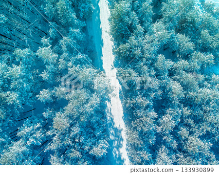 Top view of the road in the winter pine forest. Winter landscape. Snowy pine forest. Trees covered with snow Top view of the road in the winter pine forest. Winter landscape. Snowy pine forest. Trees covered with snow 133930899