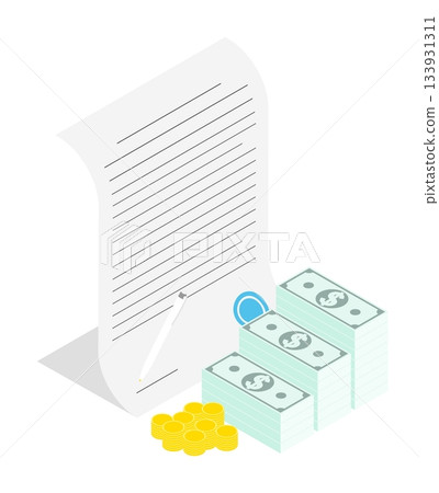 Isometric signing a bank agreement for lending and leasing to small and medium sized businesses. Isolated cartoon vector concept on white background top view Isometric signing a bank agreement for lending and leasing to small and medium sized businesses. Isolated cartoon vector concept on white background top view 133931311