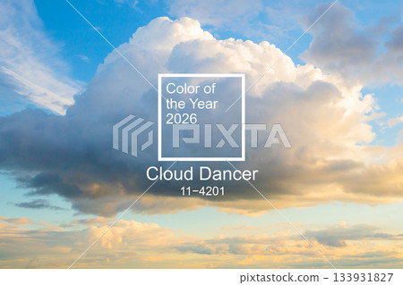 Demonstrating color of 2026 year. Cloud Dancer. White background with text color of the year 2026 Demonstrating color of 2026 year. Cloud Dancer. White background with text color of the year 2026 133931827