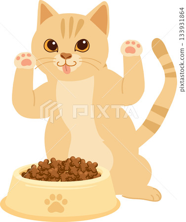 Cute cat illustration cartoon orange kitten eating from pet food bowl 133931864