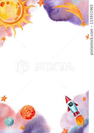 A vertical space-themed frame with empty space for text. A template with watercolor illustrations for cards, posters, invitations, and other designs. 133931965
