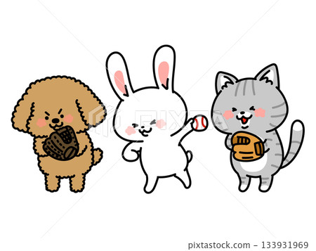 Let's play baseball! A trio of dogs, cats and rabbits who want to play baseball 133931969