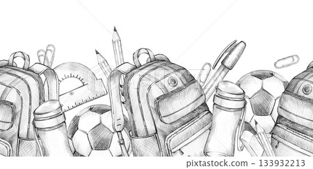 school backpack, soccer, football ball, pencil, pen, eraser, paper clip, water bottle, seamless border, hand drawn pencil sketch of children education theme, learning, back to school illustration 133932213