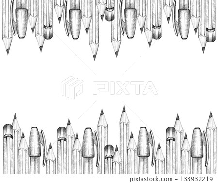 writing supplies for a child's studies, pencil, pen, frame with hand drawn pencil sketch of education theme, autumn event, back to school illustration, drawing for study, learning decoration 133932219