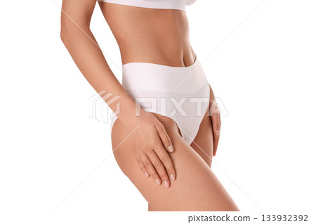 Model showcases high-waist white underwear, isolated on white, PNG Model showcases high-waist white underwear, isolated on white, PNG 133932392