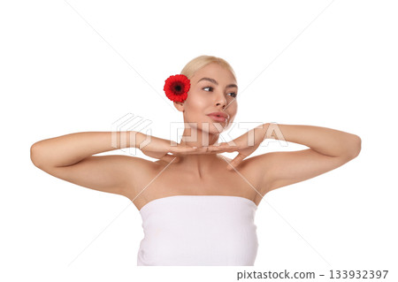 Elegant woman with a poised floral look, isolated on white, PNG 133932397