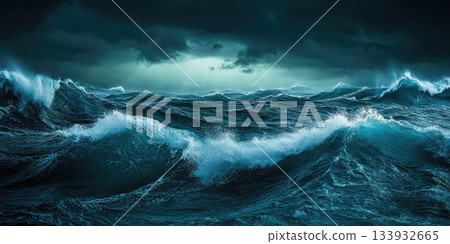 Dark Stormy Ocean with Massive Crashing Waves, Intense and Majestic Sea Background Design 133932665