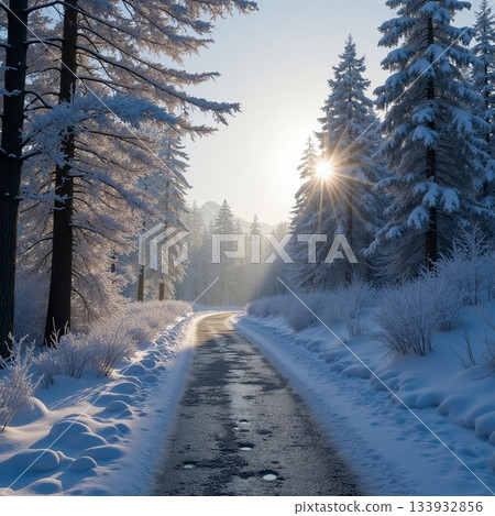 Winter pathway shines under morning sun in snowy forest Generative AI 133932856