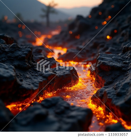 Fiery lava flows through rocky terrain at sunset Generative AI Fiery lava flows through rocky terrain at sunset Generative AI 133933057