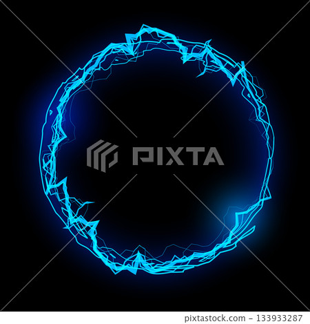 Thunderbolt blue lightning effect round frame vector on black, bolt voltage circle border, energy beam, electric burst Thunderbolt blue lightning effect round frame vector on black, bolt voltage circle border, energy beam, electric burst 133933287