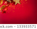 Christmas card on a red background, gold and red decorations. Copy Space 133933571