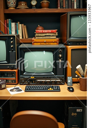 AI generated Retro television arrangement with warm lighting and vintage office items 133933967