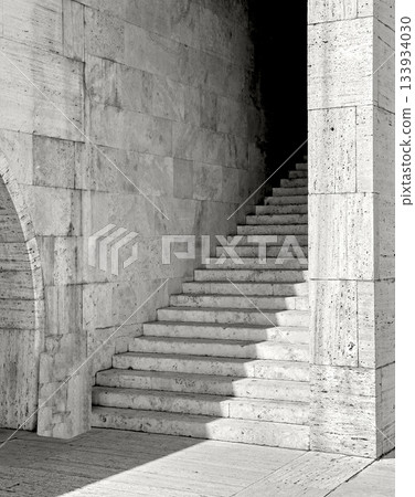 Stairs, architectural elements. Sun light and shadow for Cloud Dancer color trend of 2026. Stairs, architectural elements. Sun light and shadow for Cloud Dancer color trend of 2026. 133934030