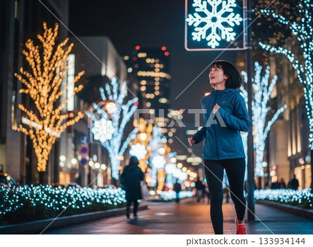 A Japanese woman jogging through a city decorated with illuminations A Japanese woman jogging through a city decorated with illuminations 133934144