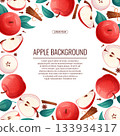 Colorful background with apples. Whole apple, half apple, sliced apple, cinnamon. Vector illustration for the design of posters, flyers, postcards and invitations 133934317