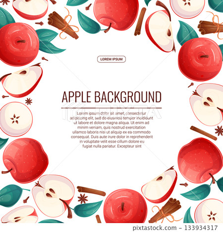 Colorful background with apples. Whole apple, half apple, sliced apple, cinnamon. Vector illustration for the design of posters, flyers, postcards and invitations Colorful background with apples. Whole apple, half apple, sliced apple, cinnamon. Vector illustration for the design of posters, flyers, postcards and invitations 133934317