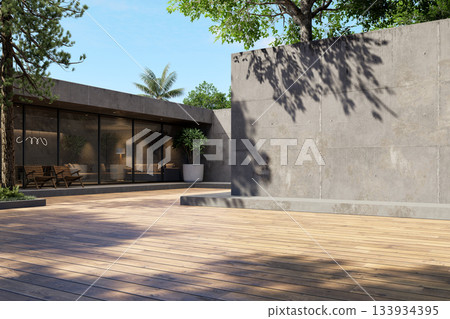 Modern loft style empty outdoor terrace with wooden deck and concrete walls 3D render 133934395