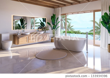 3D render of a tropical luxury bathroom with ocean view deck 3D render of a tropical luxury bathroom with ocean view deck 133934396