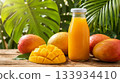 Tropical arrangement featuring a bottle of fresh mango juice with a white metal cap, surrounded by ripe mangoes and diced mango, set against vibrant green palm leaves. 133934410