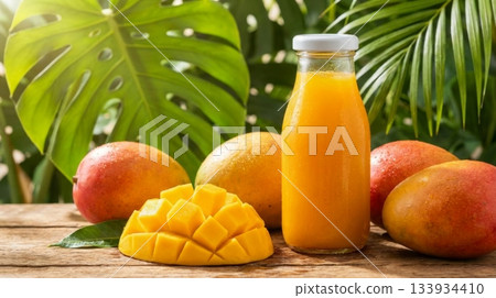 Tropical arrangement featuring a bottle of fresh mango juice with a white metal cap, surrounded by ripe mangoes and diced mango, set against vibrant green palm leaves. 133934410