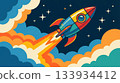 Colorful stylized rocket ship launches through vibrant clouds into a starry night sky, symbolizing innovation, adventure, creativity, progress, and exploration. 133934412