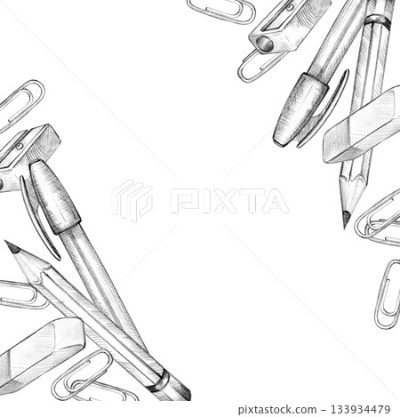 corner frame with school supplies, pencil, pen, eraser, paper clip, sharpener, hand drawn pencil sketch of education theme, back to school illustration for study, learning, card decoration 133934479
