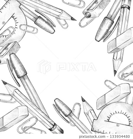 frame with school supplies, pencil, pen, eraser, paper clip, sharpener, hand drawn pencil sketch of education theme, template, back to school illustration for study, learning, card decoration 133934480