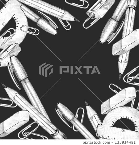 school accessories, supplies, pencil, pen, eraser, protractor, tools, paper clip, frame, hand drawn sketch of education theme, autumn event, back to school illustration on black for study decoration school accessories, supplies, pencil, pen, eraser, protractor, tools, paper clip, frame, hand drawn sketch of education theme, autumn event, back to school illustration on black for study decoration 133934481