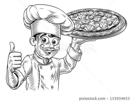 Pizza Chef Vintage Style Pizzeria Illustration 133934653