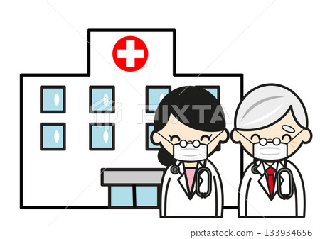 醫院前,面帶微笑的男女醫生戴著口罩。 醫院前,面帶微笑的男女醫生戴著口罩。 133934656