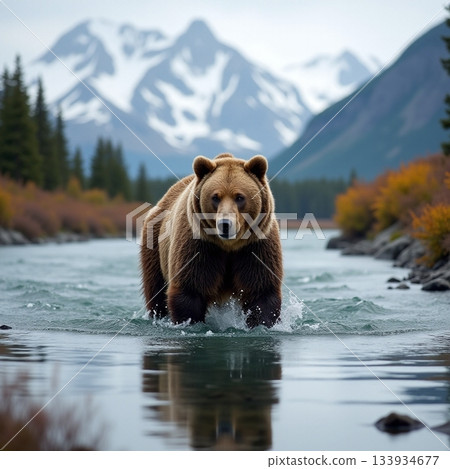 AI generated Intense moment of grizzly charging through clear mountain river with focused AI generated Intense moment of grizzly charging through clear mountain river with focused 133934677