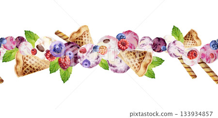 Berry and fruit scoops served with rolled wafer sticks, mint leaves, scattered fresh raspberry blueberry. Isolated seamless border hand drawn in watercolor. Dessert branding, snack art, artisan cafe. Berry and fruit scoops served with rolled wafer sticks, mint leaves, scattered fresh raspberry blueberry. Isolated seamless border hand drawn in watercolor. Dessert branding, snack art, artisan cafe. 133934857