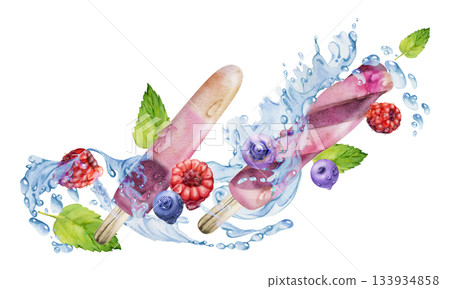 Melting ice pop lolly popsicle with flying raspberry blueberry berries, splashes drops, mint leaves. Isolated illustration hand drawn in watercolor. Frozen snack branding, cocktail decor, recipe card. Melting ice pop lolly popsicle with flying raspberry blueberry berries, splashes drops, mint leaves. Isolated illustration hand drawn in watercolor. Frozen snack branding, cocktail decor, recipe card. 133934858