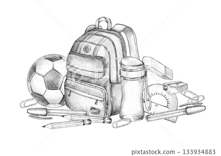 school backpack, soccer, football ball, pencil, pen, eraser, paper clip, water bottle, hand drawn pencil sketch of education theme, autumn event, back to school illustration for study decoration 133934883