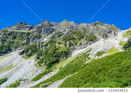 View of Mount Okuhotaka and its moraine from Karasawa campsite. Climbing Mount Kitahotaka in the Northern Alps. 133934915